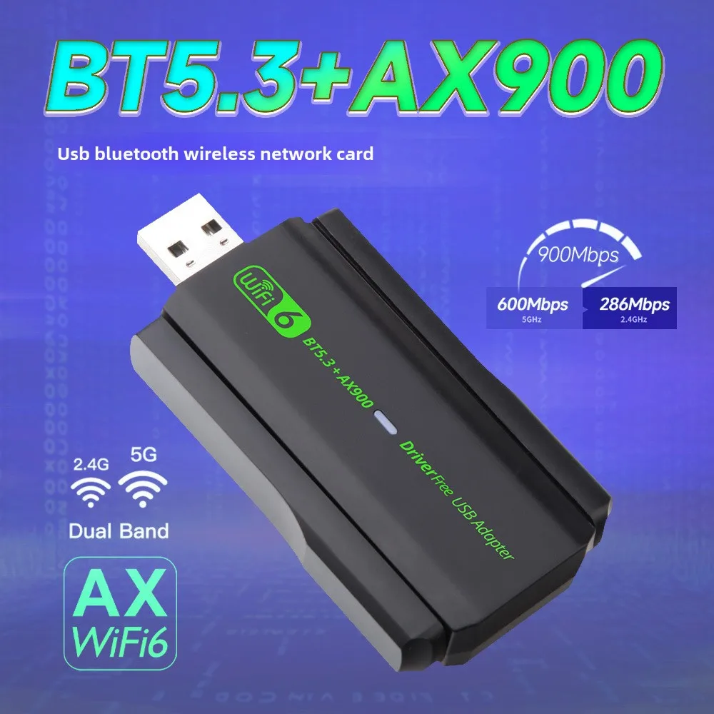 WiFi 6 Mini USB Placa de rede sem fio AX900M Bluetooth 5.3 2 em 1 Receptor e transmissor de computador de mesa