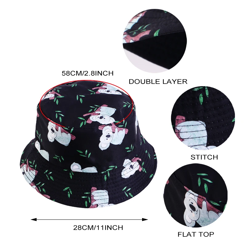 New Koala Print Bucket Hat Cute Animal Printing Fisherman Hats For Men Women Double Sides Reversible Panama Cap Outdoor Sun Hat