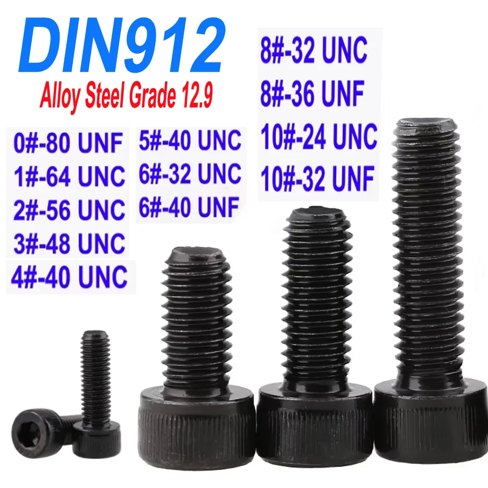 0# to 10# UNC/UNF Hex Socket Knurled Cap Bolts - Grade 12.9 Alloy Steel, DIN912, Allen Key Compatible