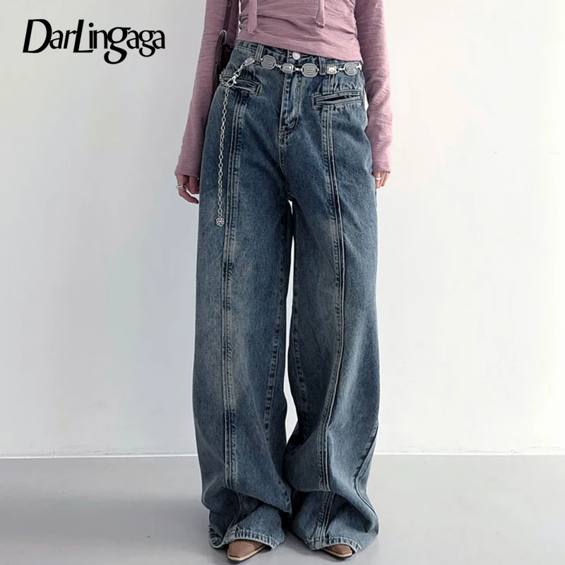 

Darlingaga Streetwear Vintage Stitching Baggy Jeans for Women Harajuku Distressed Wide Leg Trousers Denim Basic Preppy Style New