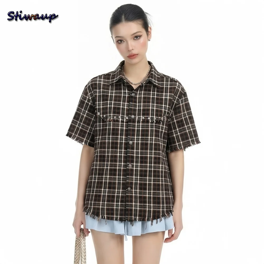 

Women's Blouses and Shirts Luxury Clothing Coffee Vintage Plaid Riveted Frayed Short Sleeve Women Shirts Summer Tops for Woman
