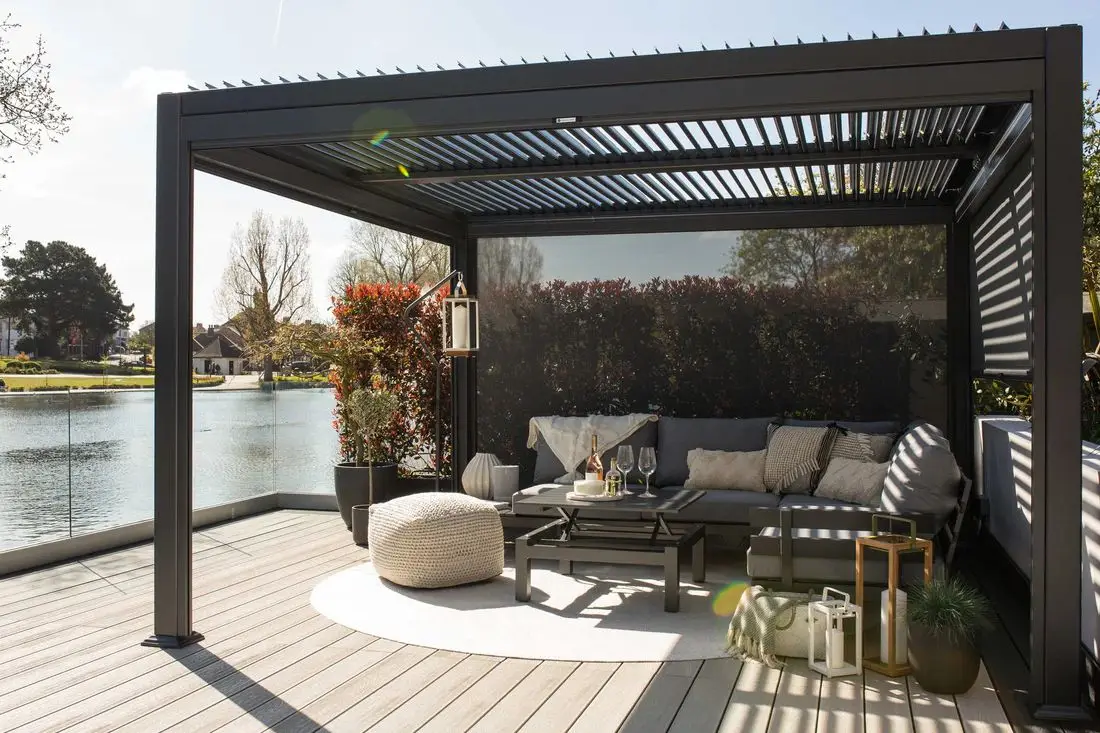 Outdoor Bioclimatic Sunroom Pergola Motorized Aluminum Gazebo Retractable Roof Electric Louver Waterproof Gazebos with LED Light