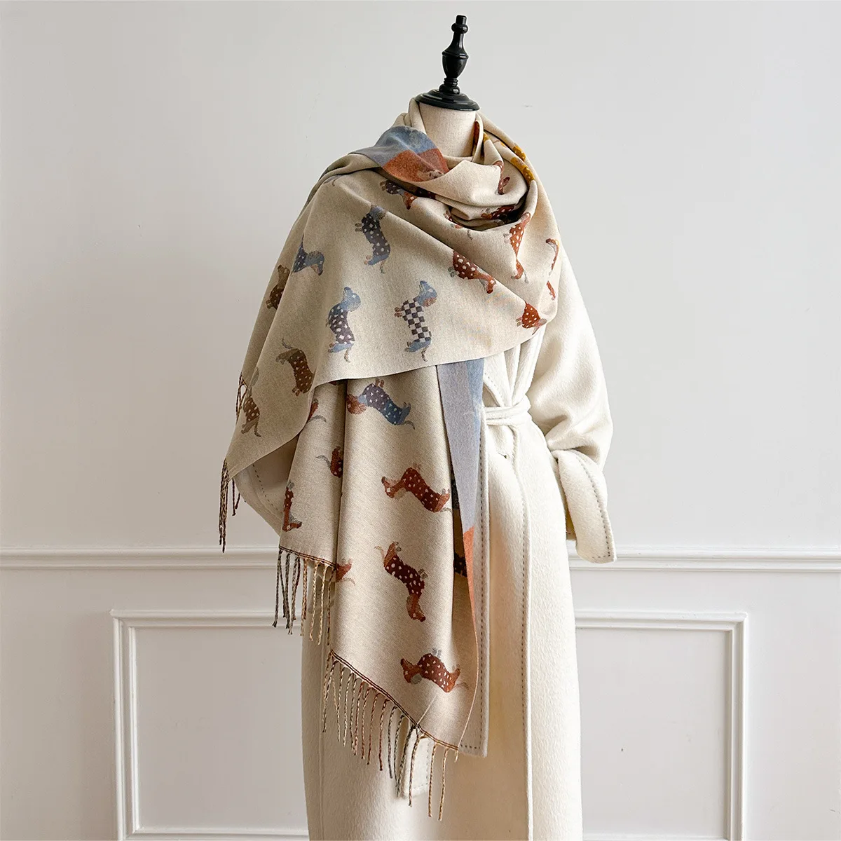 Faux Cashmere Reversible Wrap Scarf Women Lovely Multi Tone Dachshund Sketch Print Check Border Thick Warm Oversized Shawl