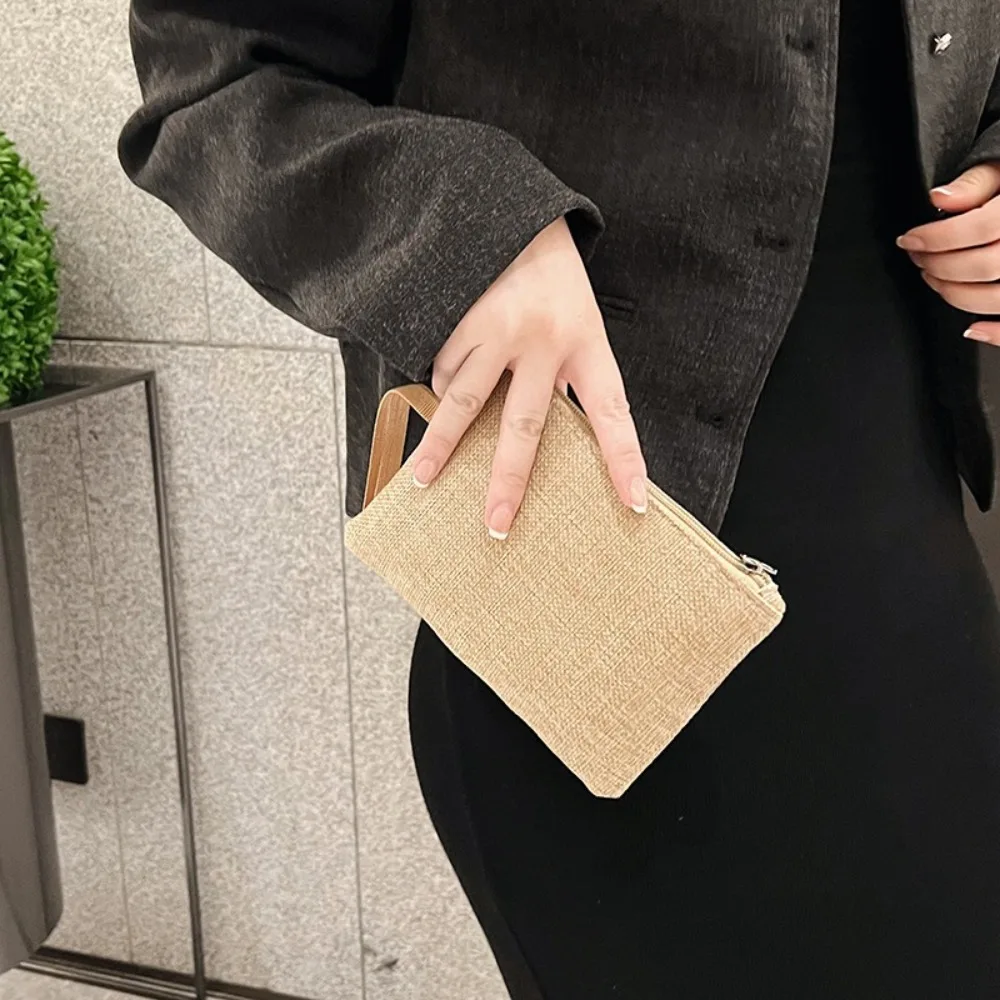 

Fashion Zipper Linen Women's Bags Solid Color Large Capacity Purse Daily Casual Coin Beach Wallet Ladies