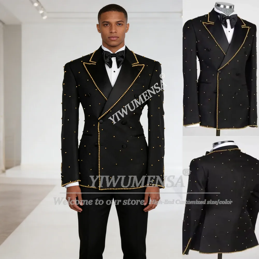 

Gold Pearls Men Suit Attire For Wedding Double Breasted Jacket Pants 2 Piece Set Groom Tuxedos Customized Banquet Prom Blazers
