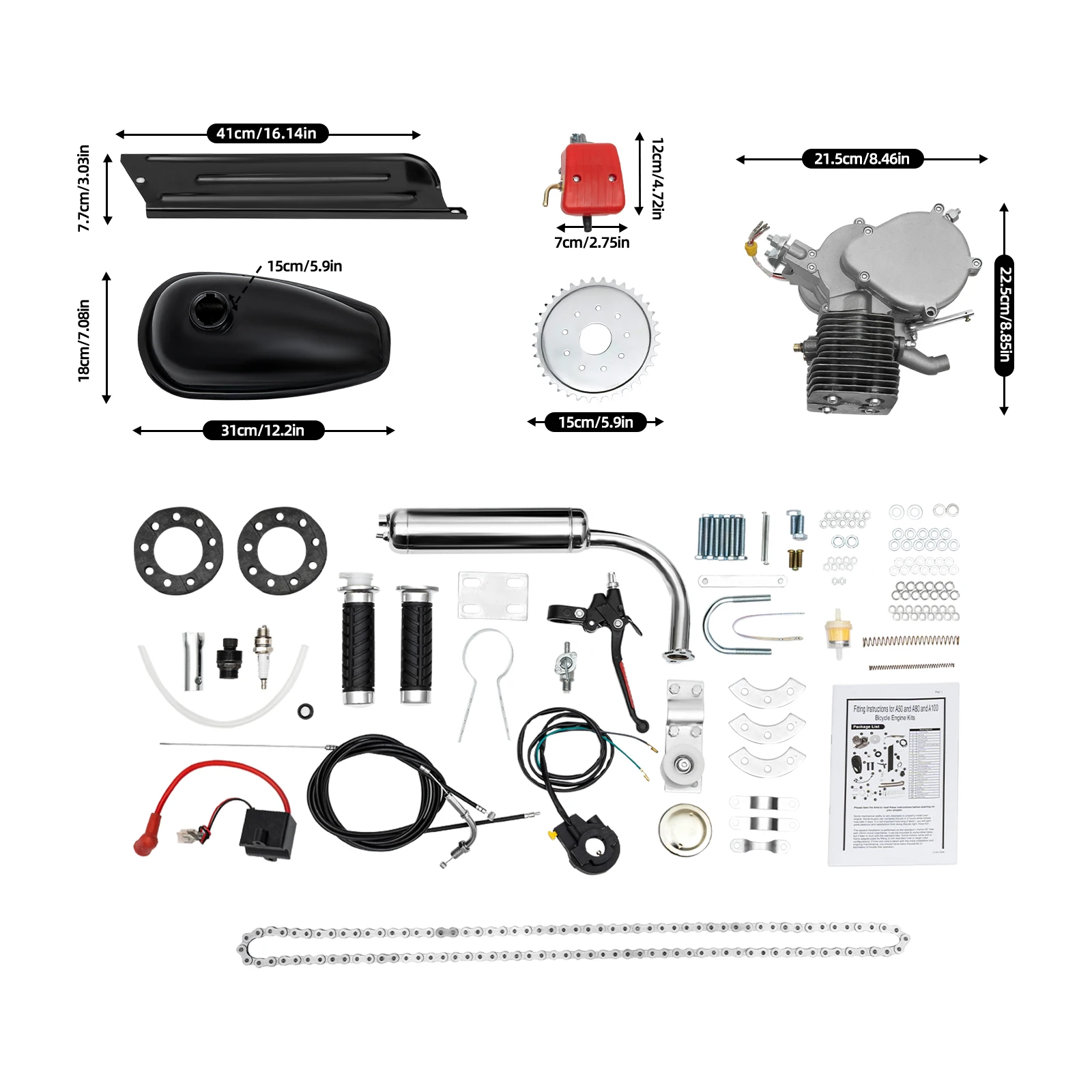36/44 Tand 100CC 2-takt Fiets Benzinemotor Set Fiets Benzinemotor Kit Wijzigen De Snelheid Enkele Cilinder, luchtkoeling