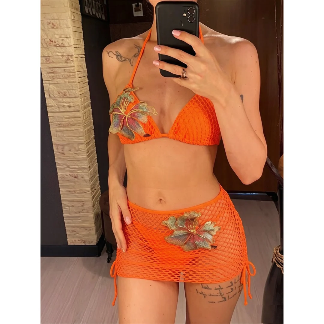 Mit Rock 3D-Blumen-Halter-Bikini Damen-Badebekleidung, dreiteiliges Bikini-Set, gepolsterter Badeanzug, Badebekleidung, Schwimmen V8346 – Detail 3