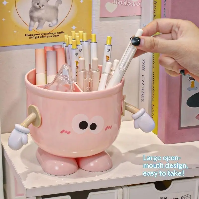 Cartoon Big Eyes Pencil Holder With Hook Table Cute Stationery Storage Box Pen Holder Rack Student Children Girls Desk Organizer