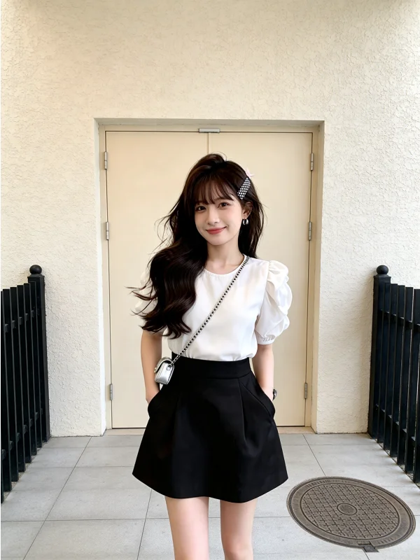 

Korean Style Bubble Sleeve Shirt And Skirt Set Slim Fit Fashionable Youthful Small Fragrance Style Summer Outfit for Women