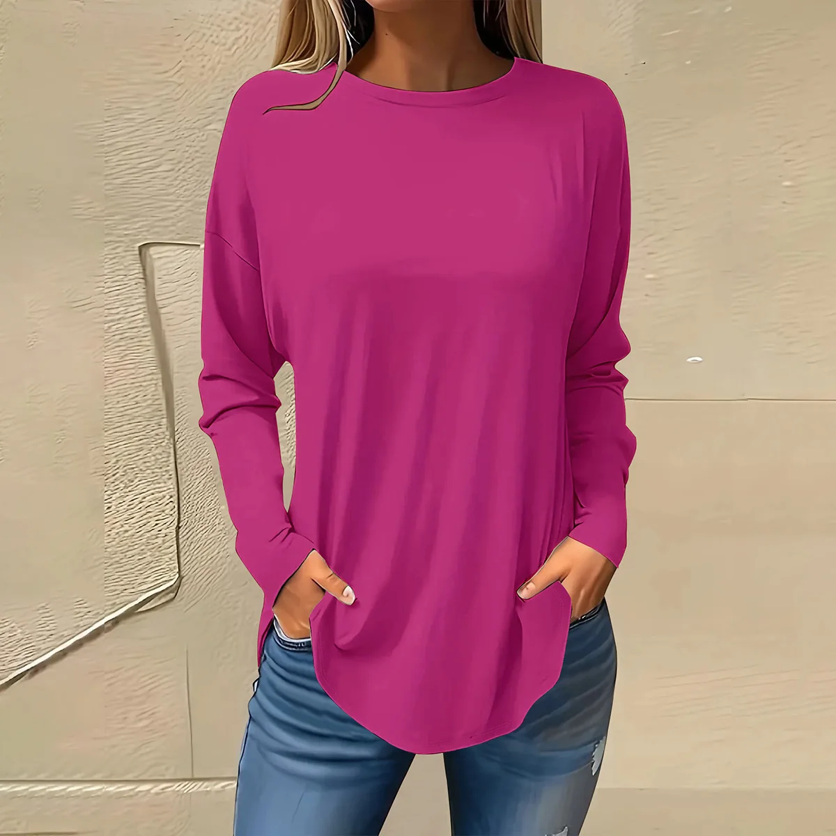 بلوزة نسائية أوروبية وأمريكية أنيقة كاجوال برقبة دائرية وأكمام طويلة بلون سادة #3