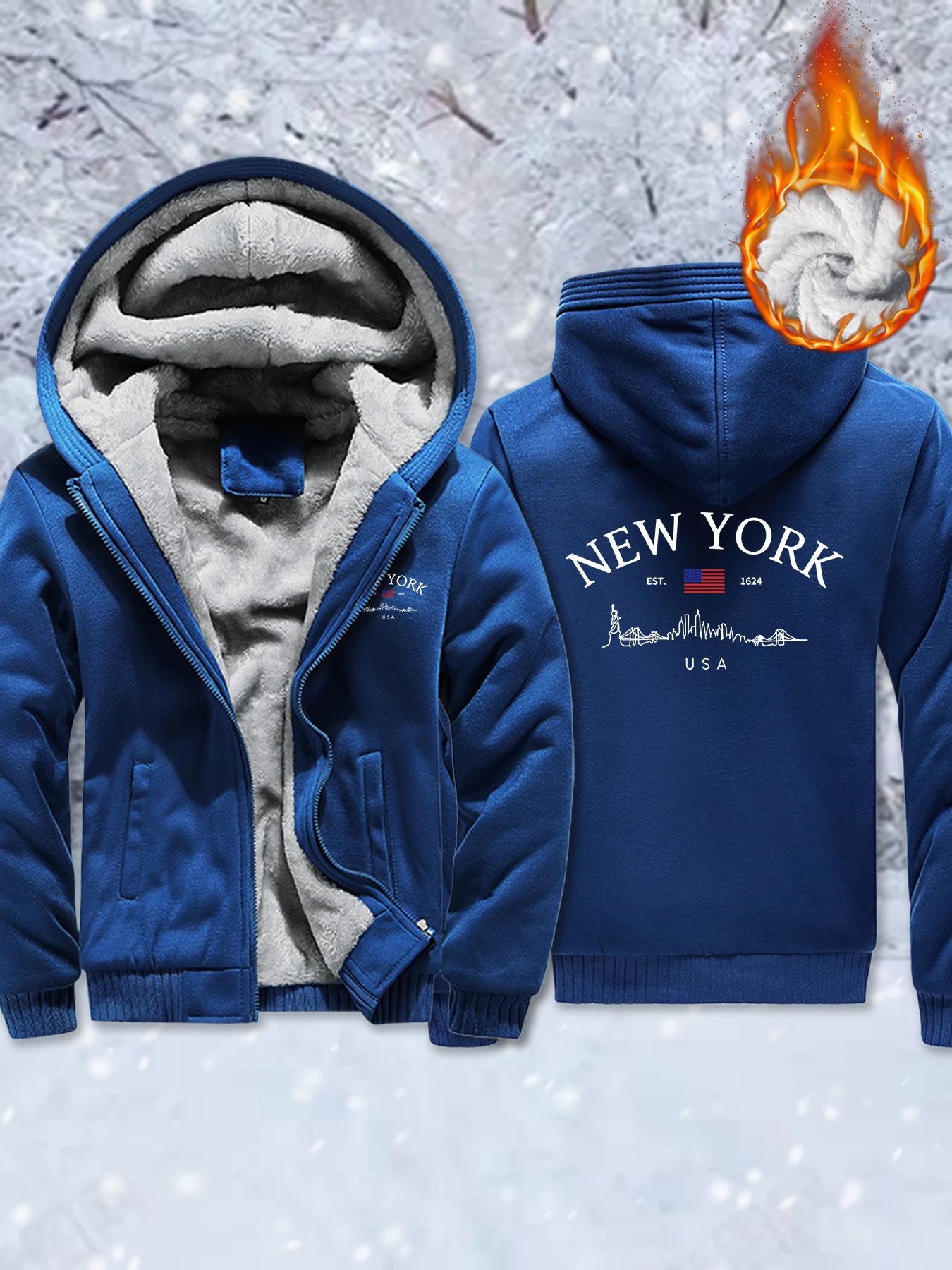 

New York Usa Est 1624 Print Thicken Jackets Mens Fashion Fleece Coats Pocket Oversized Male Clothes Zipper Winter Hoodies