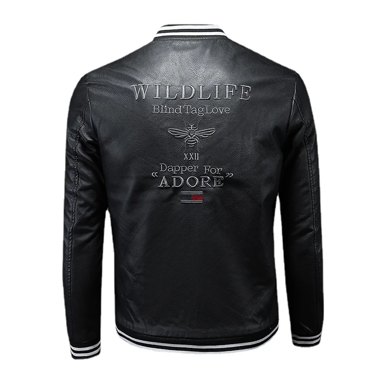 Men Slim Fit Embroidery Leather Jackets Oblique Zipper Motorcycle Jackets New Men Moto Biker PU Leather Coats Plus Size S-4XL