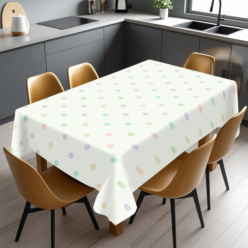 A Colorful Polka-dot Tablecloth—made from High-quality, Thick, Rectangular in Shape, Adorned with Pink, Green, Blue, Purple, and