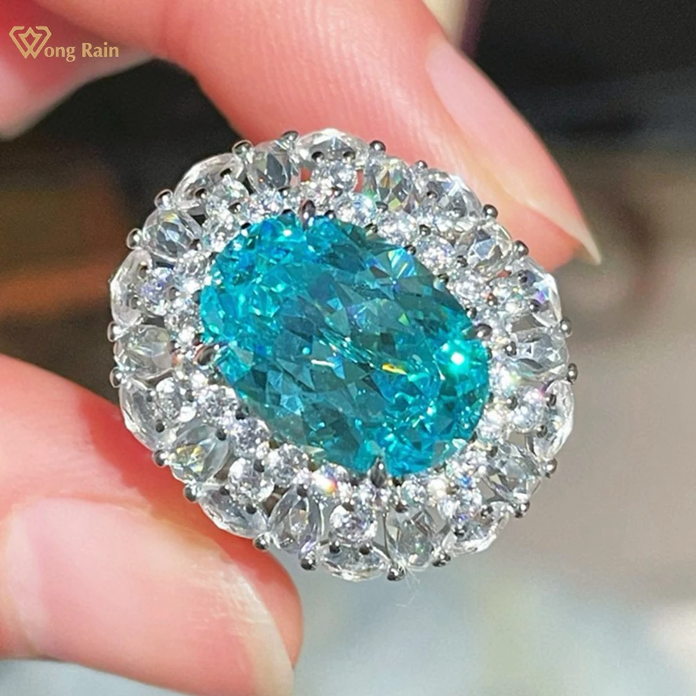 

Wong Rain Sparkling 925 Sterling Silver Oval Cut Paraiba Tourmaline High Carbon Diamond Wedding Engagement Rings Fine Jewelry