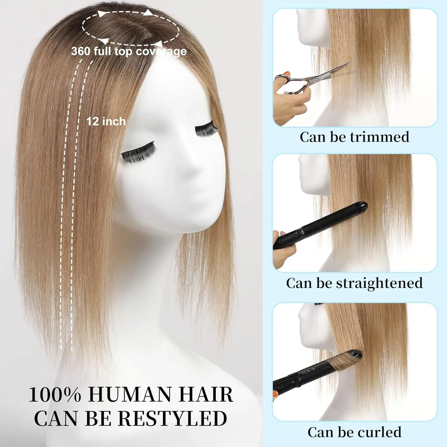 Remy Human Hair Pieces Ombre Brown Human Hair Toppers Middle Part Straight Hair for Women Loss Hair 4x9cm Silk Base Clip in Hair