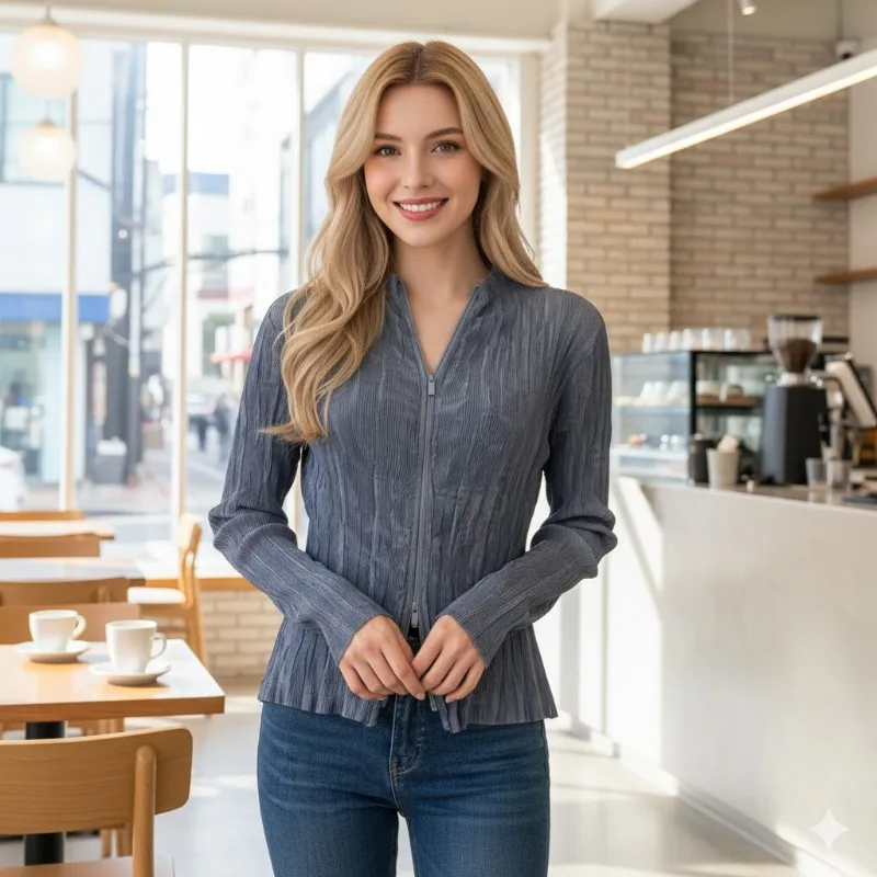 

Плиссированная куртка Miyake 2026, кардиган, модная однотонная плетеная рубашка со складками, пальто на молнии, новое осеннее облегающее короткое пальто с воротником-стойкой