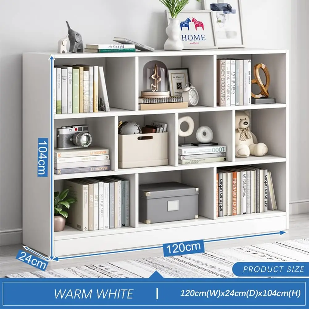 Wooden 3 Tier Cube Bookcase Warm White MDF Stable Base 10 Storage Cubby Horizontal Shelf