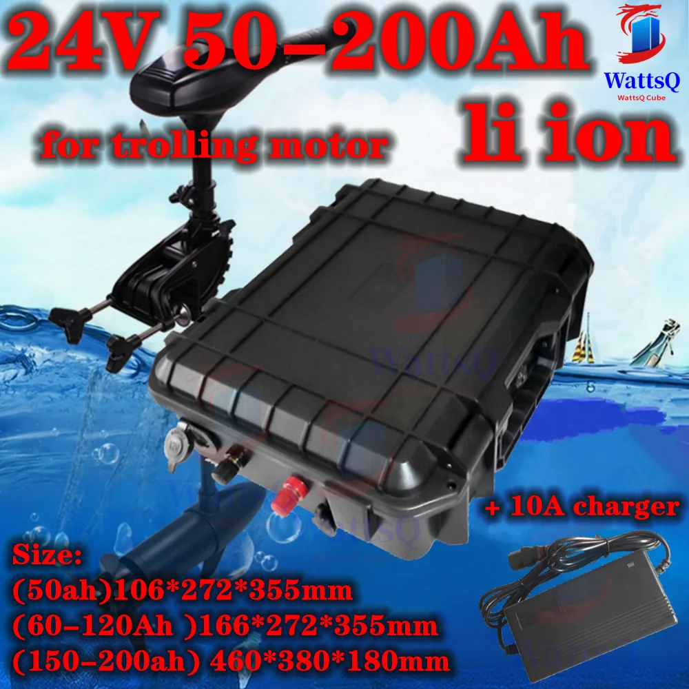 Waterproof IP67 24V 50Ah 60Ah 80Ah 100Ah 120Ah 150Ah 200Ah Lithium Li Ion Battery 24v For Trolling Motor+10A Charger