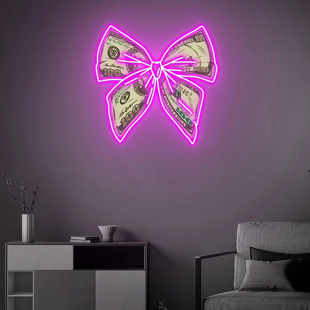 Dollars Bow Led Neon Sign Pop Art Home Bar Money Neon Light Custom Logo Office Room Wall Decor Light Up Sign Personalized Gifts