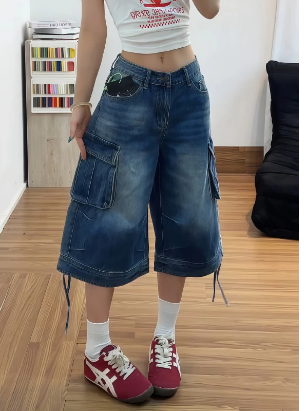 

Vintage Washed Loose Fit Women's 7/8 Length Jeans Summer Casual Comfortable Low Waist Denim Shorts American Style