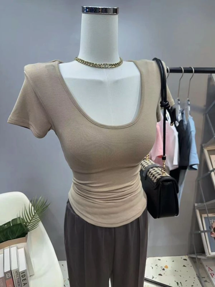 Wholesale Sexy U Neck T Shirts Women Summer High Strech Top Big Boobs Basic Tops Short Sleeve Solid Thin See-through T Shirts