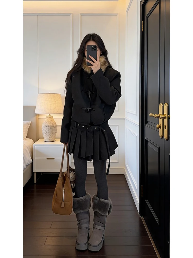 Removable Fur Collar Woolen Coat Women's Long Sleeve Pleated Winter New Style Luxury Fashion Design Casual Elegant Outerwear