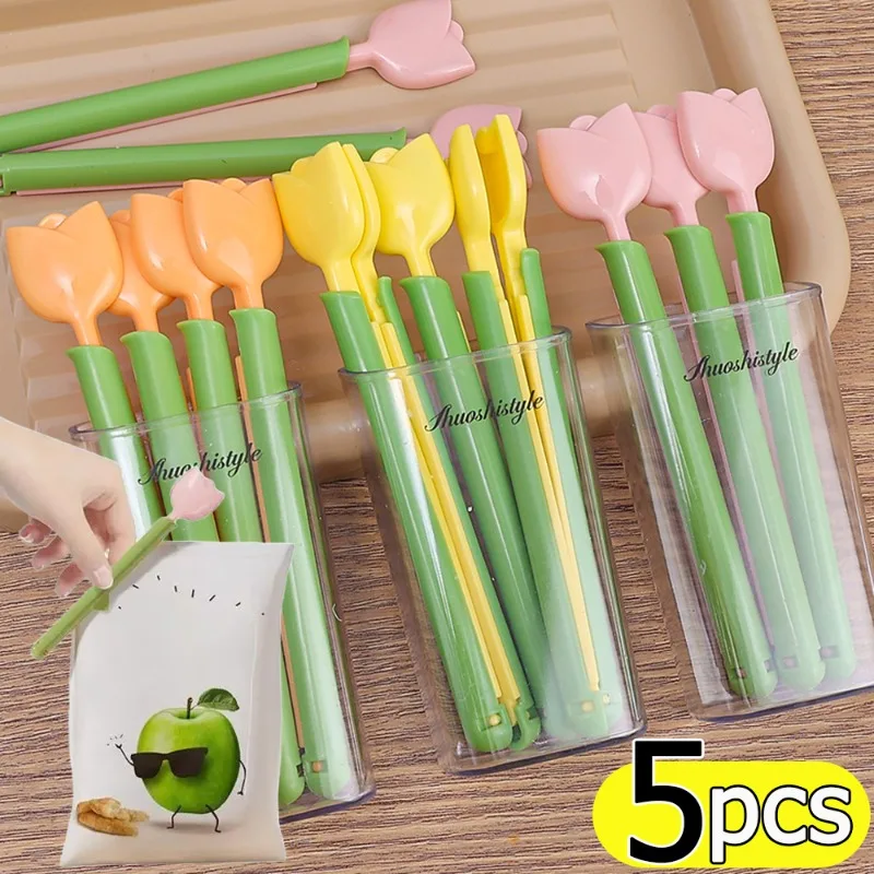 5Pc Creative Tulip Shaped Bag Clip Portable Food Snack Bread Sealing Clip with Magnetic Storage Box Plastic Pocket Sealing Clamp