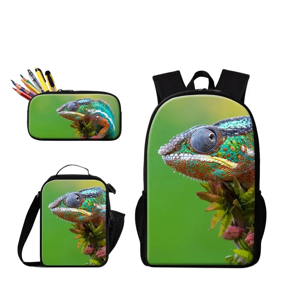 Lápis Case School Bags Set, piquenique Food Cooler, lagarto Animal Printing Schoolbag, Meninos Moda Bagpack, Crianças Custom Bolsa, 3 Pcs