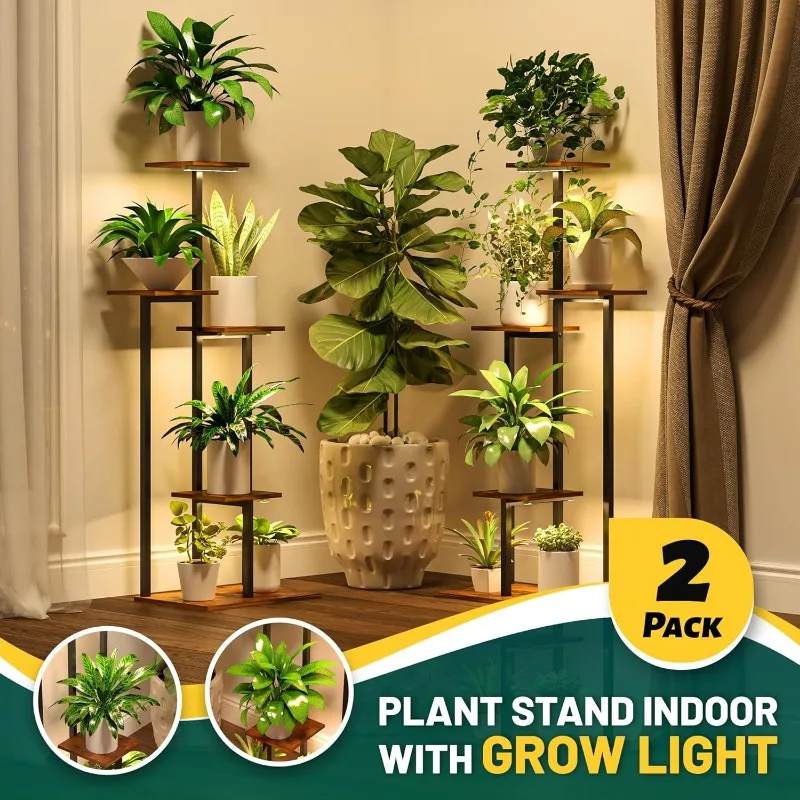 Plant Stand Indoor with Grow Light, 2-Pack Metal Plant Shelf with 6 Grow Lights, 5 Tiered Corner Plant Stand Shelves