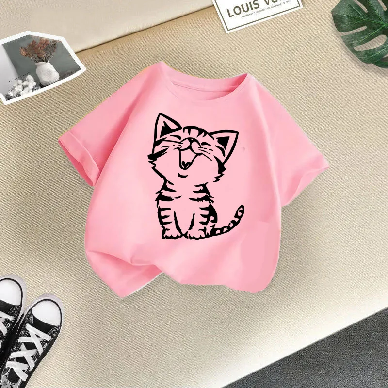 Summer New Cute Cat Animal Print Round Neck Short Sleeved Tee Shirt for Boys and Girls Fashionable and Simple Children's T-shirt