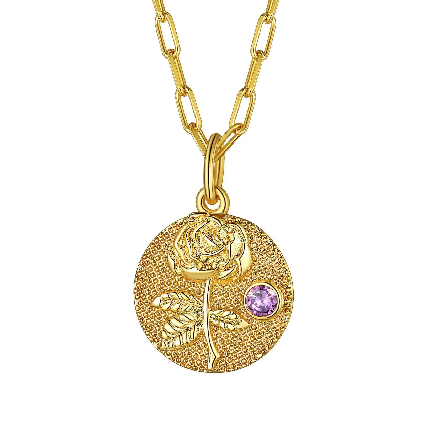 

ChainsPro Coin CZ Dainty Birth Month Floral Disc Pendant Necklace with Birthstone Engraved Personalized Birthday Jewelry for Her