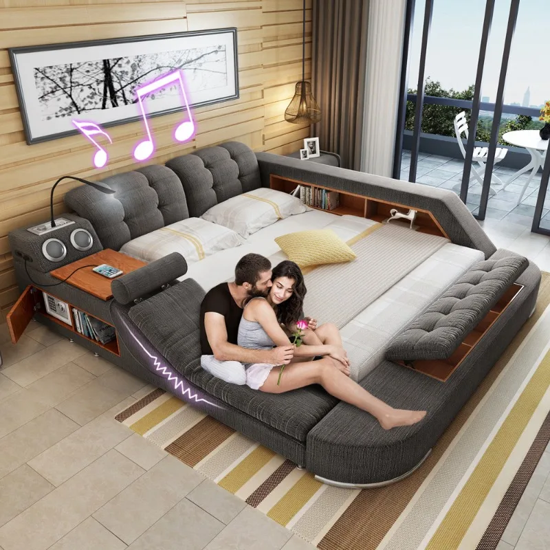 

Fabric bed, tatami bed, modern simple master bedroom double bed 1.8 meters multi-functional wedding bed Fabric soft bed