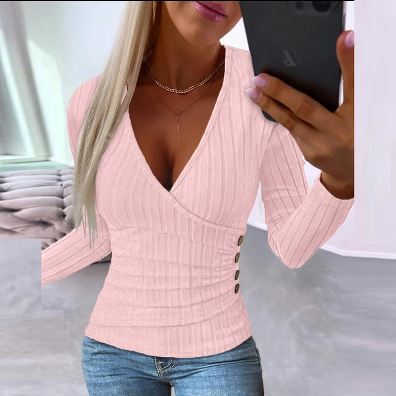 Women Fashion V Neck Shirt Knitted Tops Long Sleeve Office Shirts For Women Casual Solid T-Shirts Tee