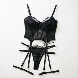 Lace Erotic Lingerie Set Bow Decor Strappy Hollow Out Intimates Bra & Thong & Garter Belt, Women's Sexy Lingerie & Underwear
