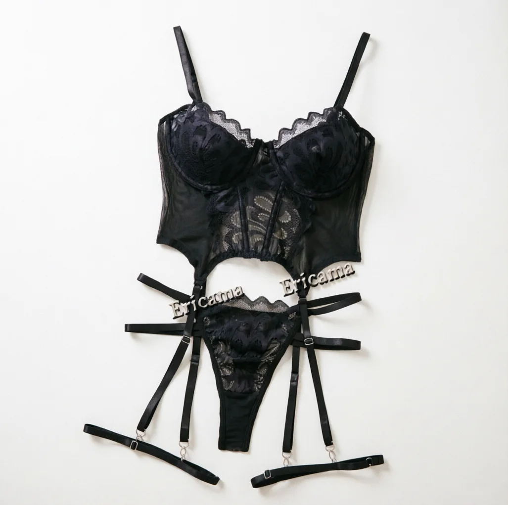 Lace Erotic Lingerie Set Bow Decor Strappy Hollow Out Intimates Bra & Thong & Garter Belt, Women's Sexy Lingerie & Underwear