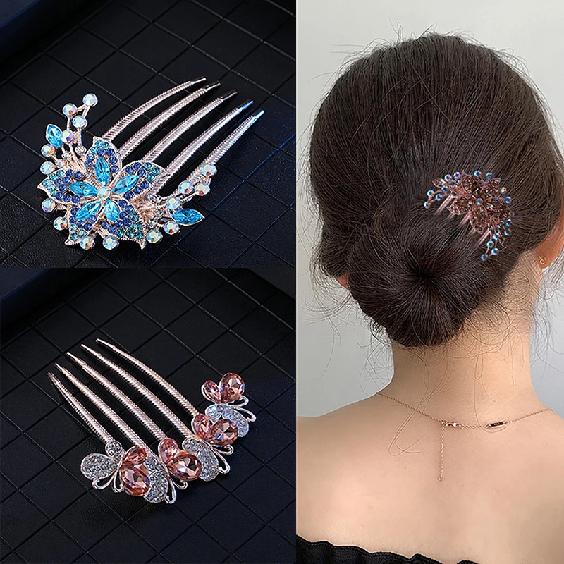 Vintage Crystal Flower Hair Clips Korean Style Fashion Pearl Rhinestone Hair Combs Shiny Hairpins For Women Accessories