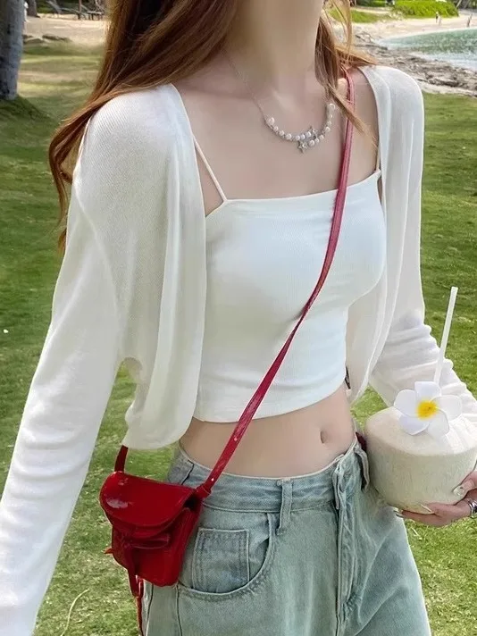 

White ort Ice Silk Knitted Sun Protection Cardigan Women's Thin Summer Strap Dr Outer Thin Veil Coat Air Conditioner Cov...