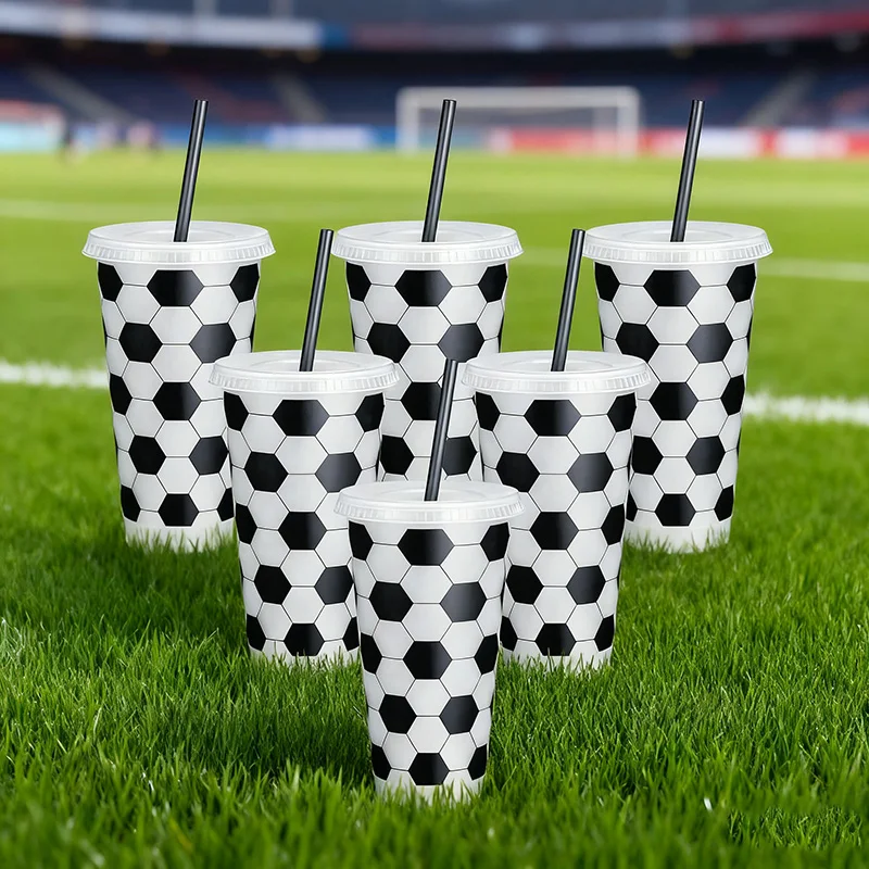 6/12 Stück wiederverwendbare Kunststoff-Fußballbecher mit Deckel, Strohhalme, Kinderfußball, Partygeschenke, Sportthema, Geburtstag, Dekoration, Zubehör, Geschenke