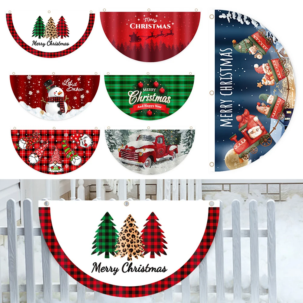 Christmas Half Fan Flag Door Decoration Pendant Bunting Flag Decoration with Metal Grommet Holiday Home Decor for Xmas Navidad