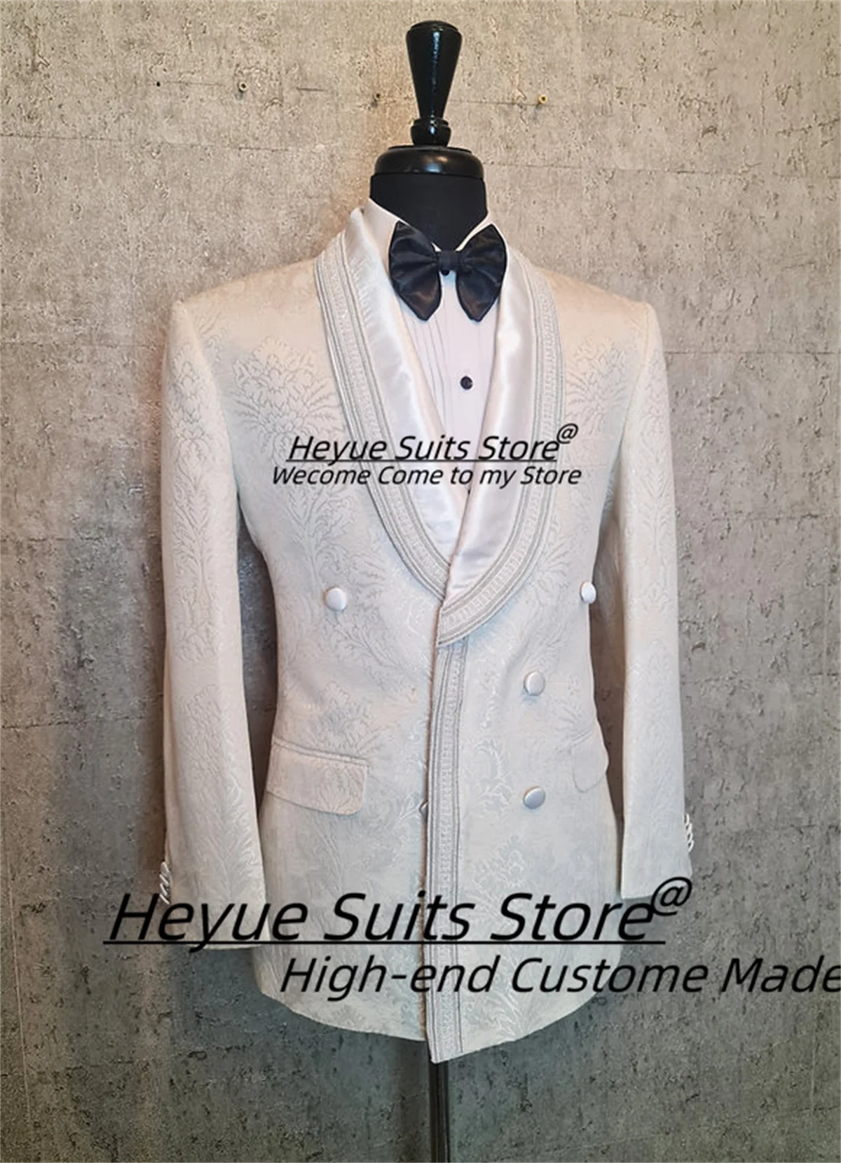 Luxuly Hand Embroidered White Damask Print Silk Jacquard Double Breasted Groom Wedding Tuxedos 2 Pcs Sets Elegant Costume Homme