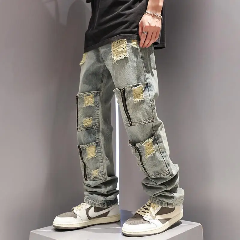 American retro distressed multi pocket straight leg jeans high street hip-hop pants pants baggy ripped  cargo men jeans