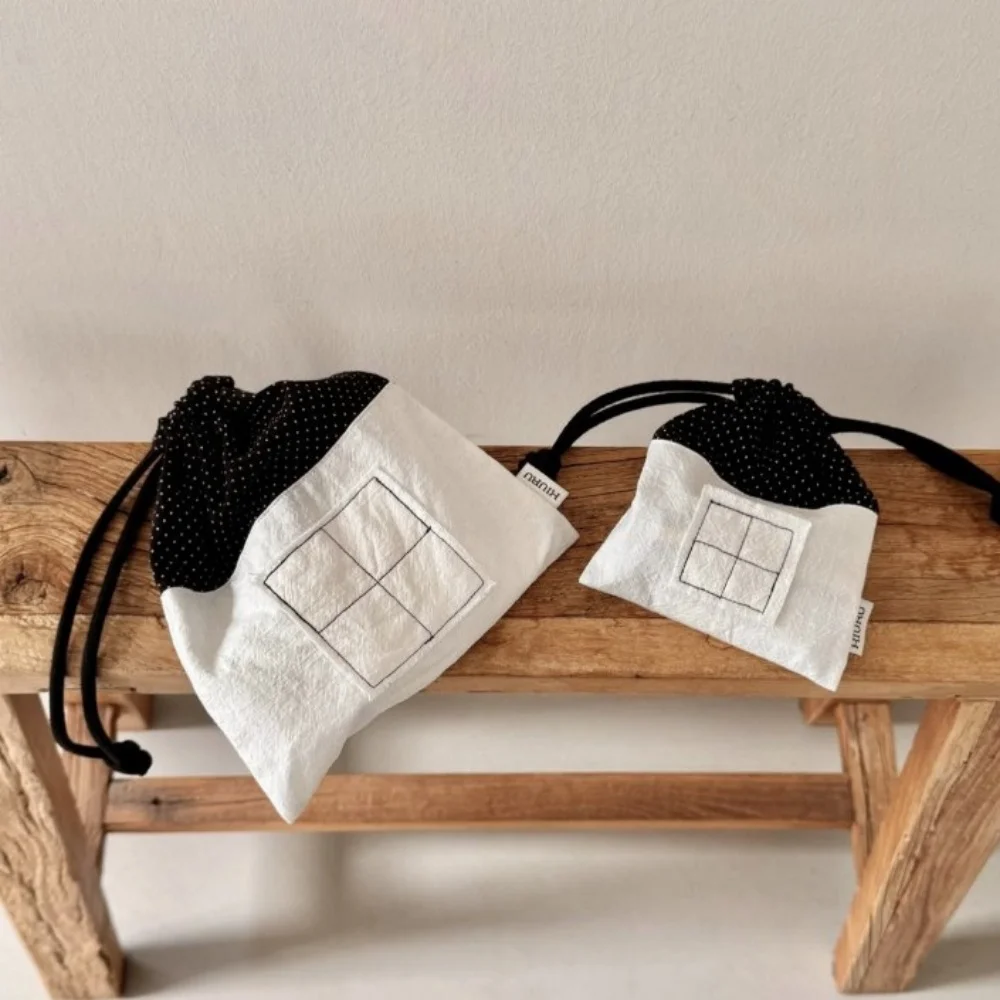 Harajuku Ins Style Small House Pure Cotton Drawstring Storage Bag Black White Sundry Items Hanging Dustproof Storage Cloth Bag