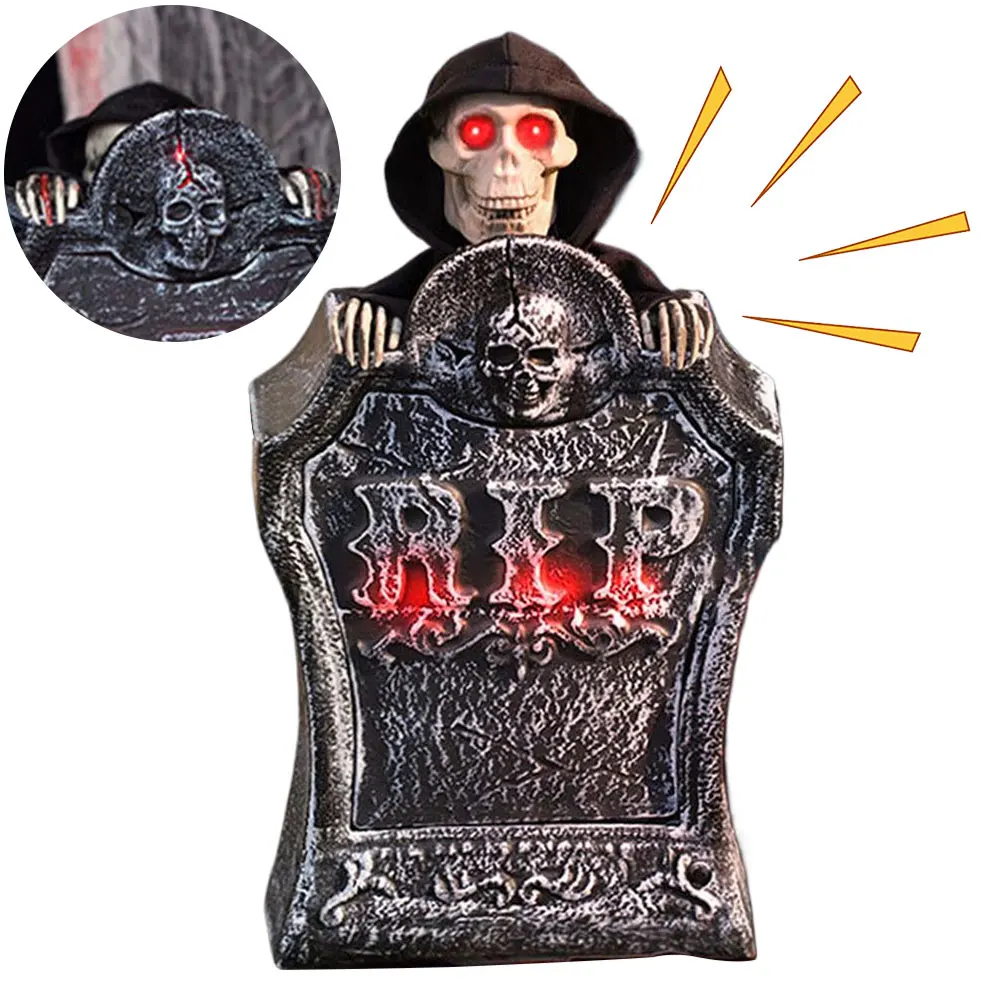 Halloween Decorations Spooky Halloween Tombstone with Movable Skull & Creepy Voice for Haunted House Outdoor Garden Decoration