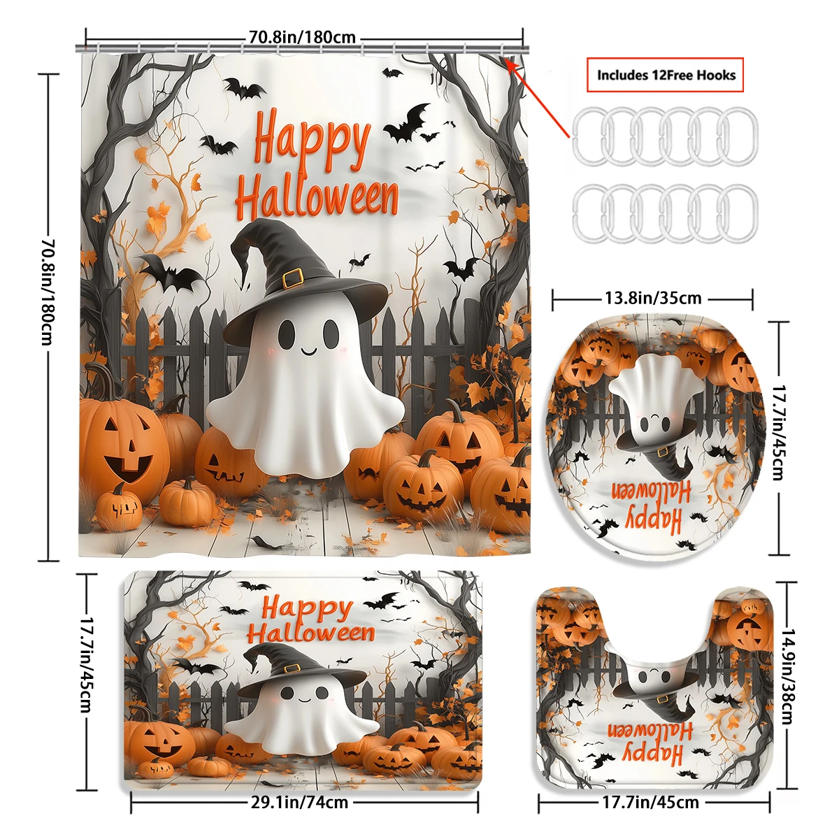 1/4PC Halloween pumpkin Cartoon fear shower curtain set,waterproof shower curtain and waterproof non-slip carpet,12free hooks