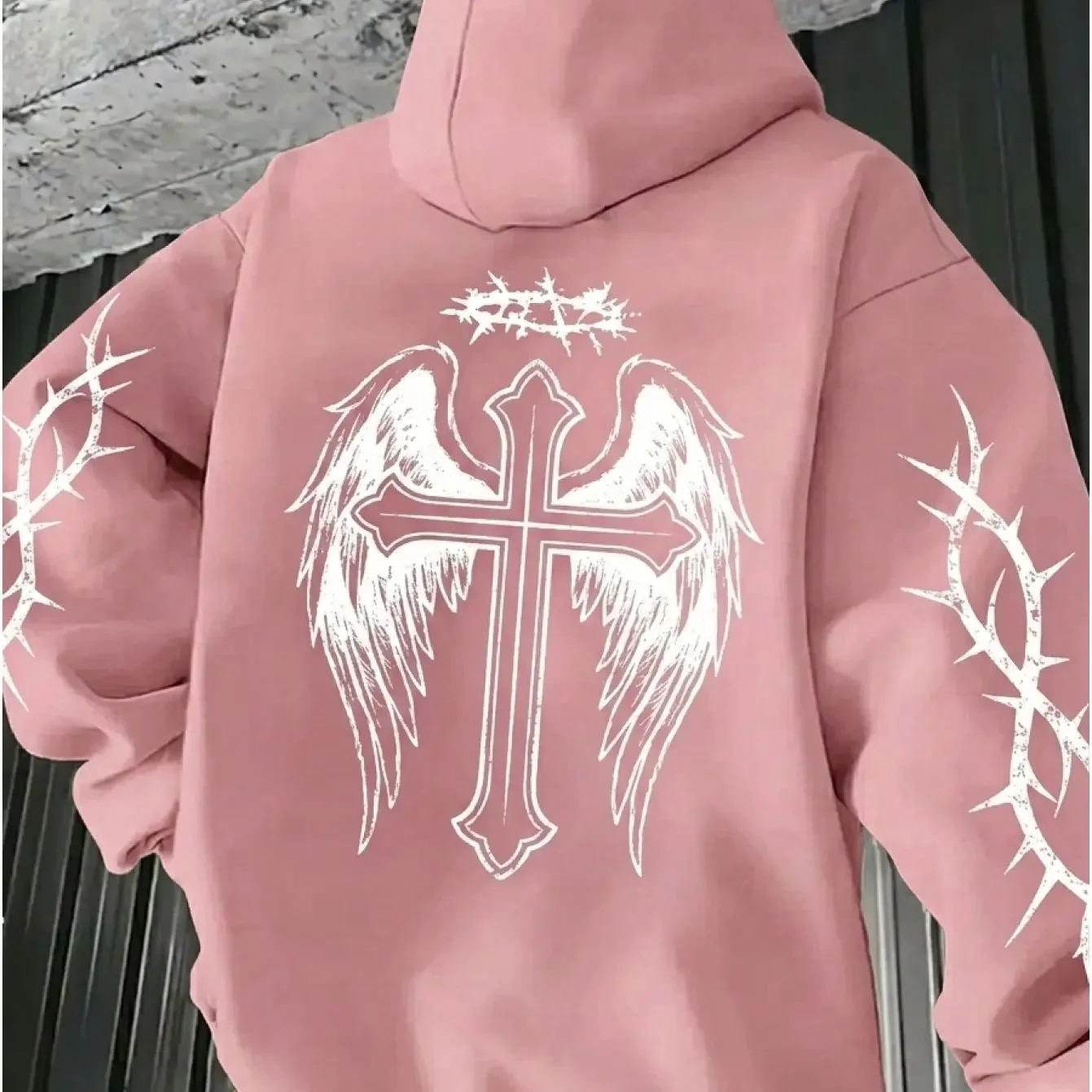 Men's Distressed Wing Cross Thorn Crown Back Graphic Hoodie Vintage Textured Cross with Large Wings Thorn Vine Sleeve Print