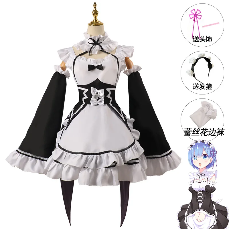 Ram/Rem Cosplay Re:zero Kara Hajimeru Isekai Seikatsu Costumes Dress Headdress Party Suit Anime Maid Dress Cosplay Costume