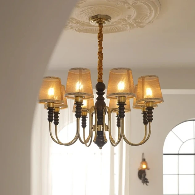 

French Retro Ceiling Light American Antique Wood and Fabric Chandelier Restaurant Living Room Pendant Light