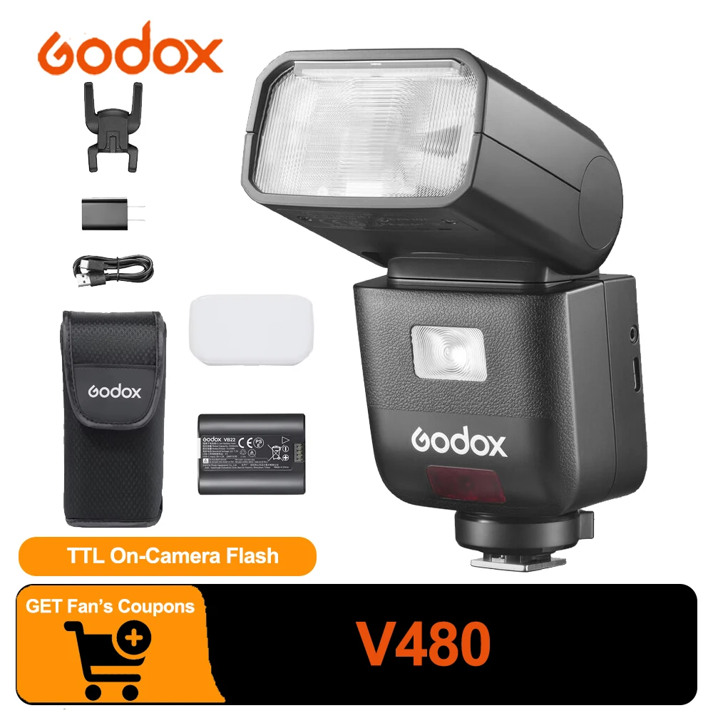 Flash Godox V480 TTL para Câmera com Tela Sensível ao Toque e Conexão Sem Fio 2.4G para Canon, Nikon, Sony, Fuji e Olympus