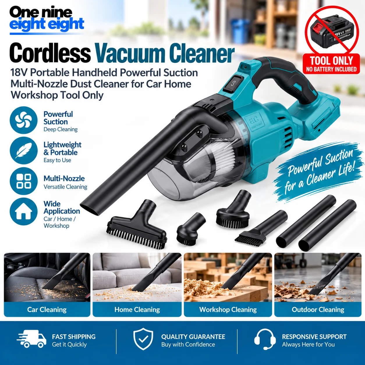 18V Cordless Vacuum Cleaner Lightweight Portable Handheld Dust Cleaner with Powerful Suction Multi-Nozzle Compatible with Makita