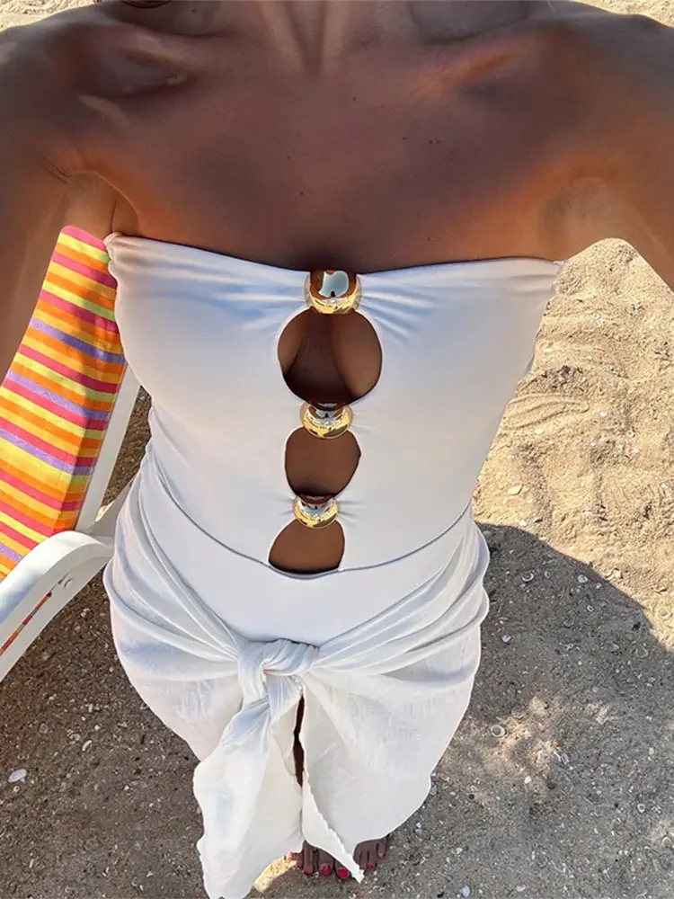 Vrouwen Uitgehold Kralen Badpak Uit Één Stuk Dames Off Shoulder Effen Zwembroek Zomer Vrouwelijke Vakantie Strandbustierkleding